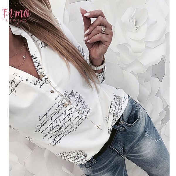 

womens and blouses v neck letters printing button long sleeve feminina elegant ladies formal office blouse 2020, White