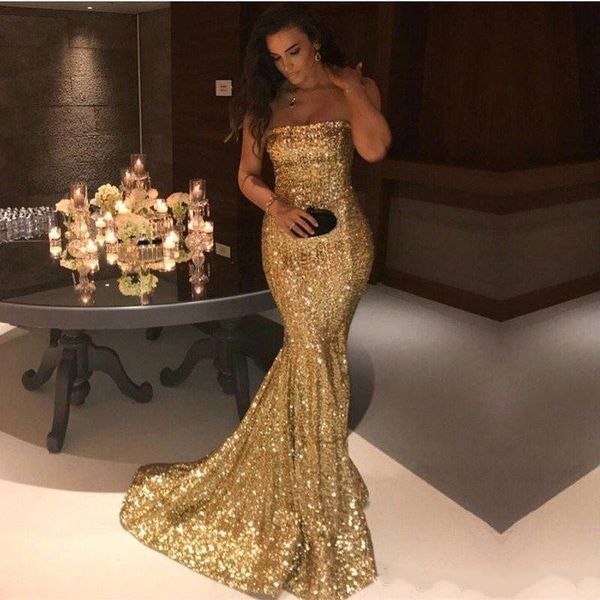 2020 New Sexy Impressionante ouro Sliver lantejoulas Mermaid Prom Vestidos sem alças Abrir Voltar Varrer Train Formal Evening desgaste do partido vestidos