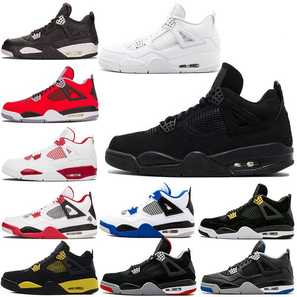 

Brand 2019 Jumpman IV Pure Money Black Cat 4s basketball shoes for men Raptors Royalty triple white bred Fire Red Kids sports sneakers