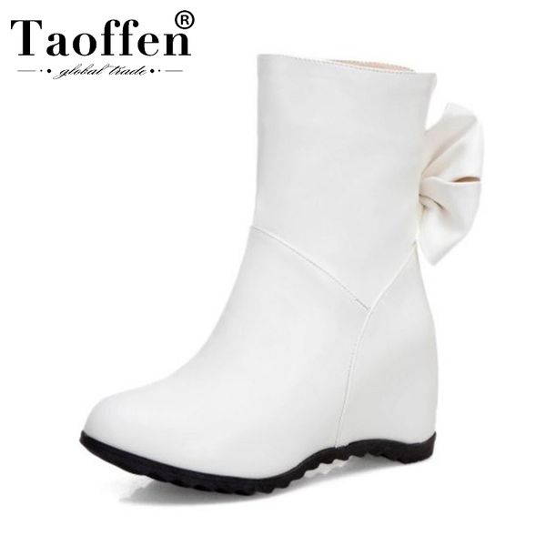 

taoffen women pu leather wedges mid calf boots winter warm bowknot high heels party shoes woman botas footwear size 33-43, Black