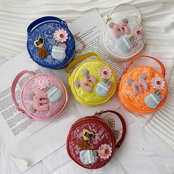 

2020 summer girl crossbody bag pu sequins flowers children's messenger bag fashion small round package female shoulder bags