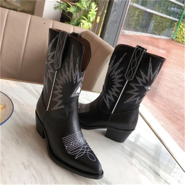 

shoes woman botas mujer pointed toe bottes femme square heels buty damskie embroidery ladies shoes v mouth middle tube boots, Black