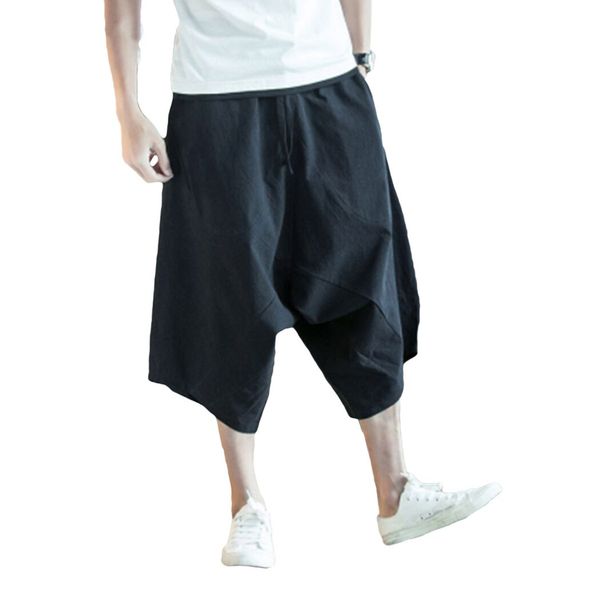 

fashion men wide crotch harem pants 2019 summer chinese style flaxen baggy pants men large cropped trousers wide-legged bloomers, Black