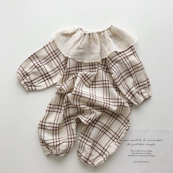 

2020 новая весна ребенка ползунки мальчики plaid комбинезоны листья лотоса воротник сладкие девочки ползунки для новорожденных младенцев out, Blue