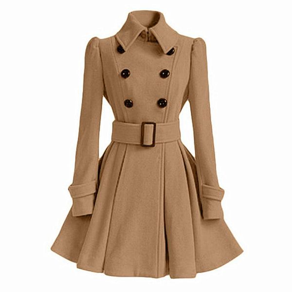 

women's medium-length coats fashion classic double breasted belt thickening overcoat casual outerwear, Black
