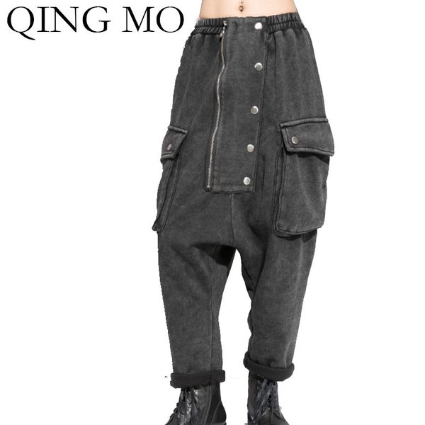 

qing mo black women winter pants 2019 women high waist trousers with pockets full length cross pants personality zqy2034, Black;white