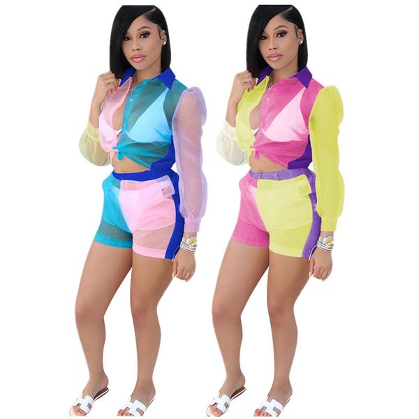 

2019 new women summer organza see though patchwork blouses shirts & shorts suit two piece set fashion tracksuit outfit glsj3282, White