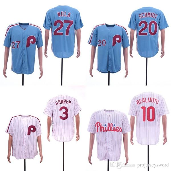 

Mens Philadelphia 3 Bryce Harper 17 Rhys Hoskins 27 Aaron Nola 10 JT Realmuto Phillies Baseball Jerseys Cheap Fast Shipping S-XXXL
