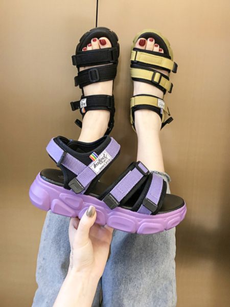 

sports sandals female ins tide 2020 summer women's shoes students wild thick bottom sponge cake roman beach shoes, Black