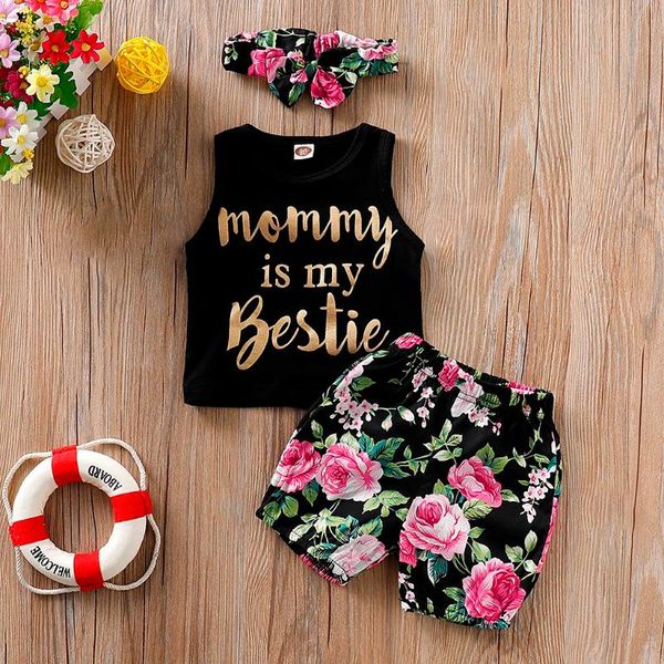 

letter print kids clothes summer 3pcs toddler baby girl sleeveless vest +floral print shorts+headbands set outfit for child, White