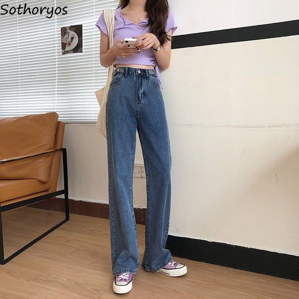 

women jeans female wide leg trousers womens vintage washed simple all-match adjust-waist daily loose korean style chic fashion, Blue