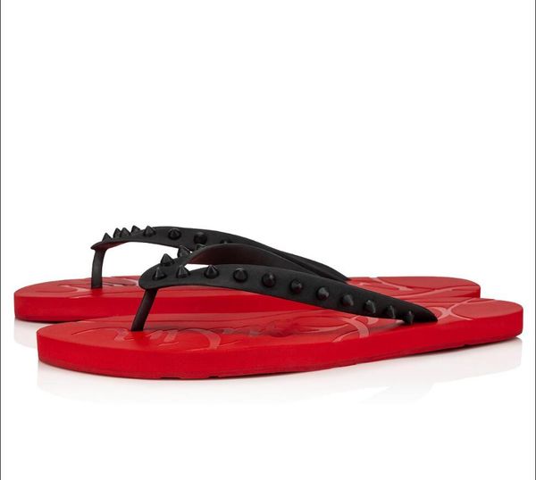 

summer luxury loubi flip flat red bottom men slides outdoor beach sandals slippers men flip flop with box,size 38-46, Black