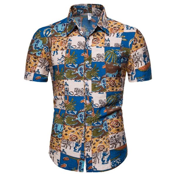 

men's summer brand new short sleeve hawaiian beach vacation business shirts in european and american sizes dress shirt, White;black