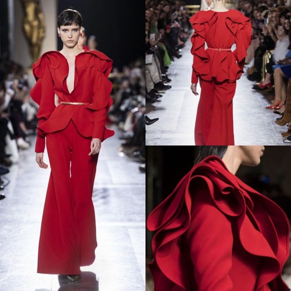 

красный комбинезоны elie saab 2019 вечерние платья оборками с длинным рукавом пром платья простой атласная длина пола платье партии, Black;red