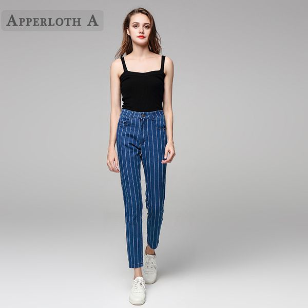 

2019 jeans female denim pants navy blue striped womens jeans mid waist elastic skinny pants for women ankle length trousers