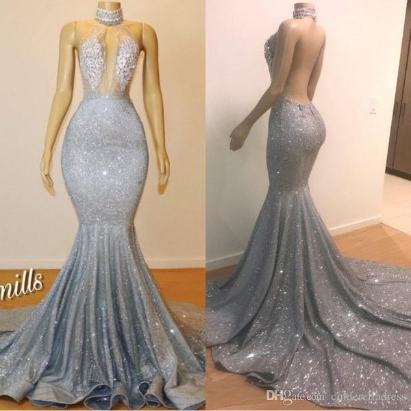 2020 Glitter Sereia Prom Vestidos Jóia Pescoço Esquecedores Cristais Backless Ver através do comprimento do assoalho Desgaste da festa da noite BC0679