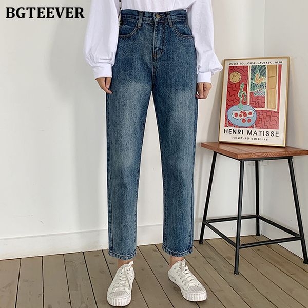 

bgteever 2019 autumn winter high waist pockets women blue jeans casual loose trousers female denim long pants straight pants