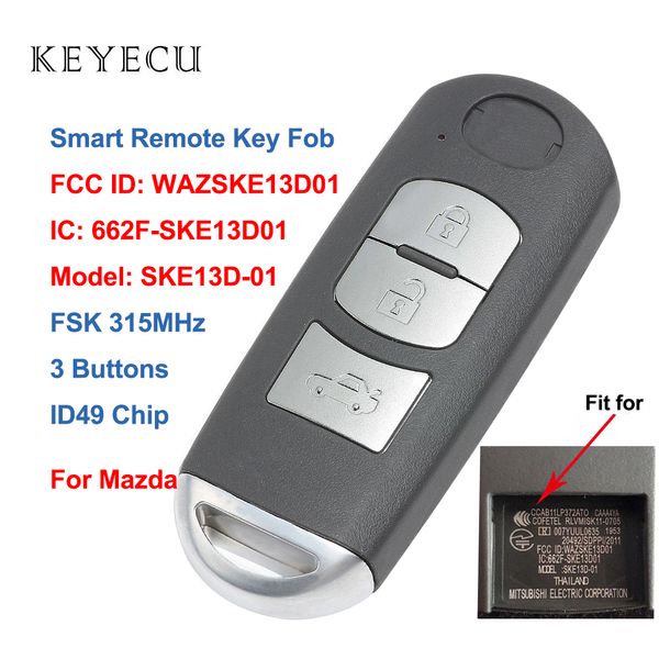

keyecu ske13d-01 smart remote car key fob 3 buttons fsk 315mhz with id49 chip for fcc id: wazske13d01, ic: 662f-ske13d01