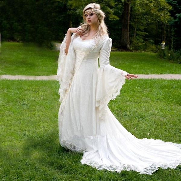 Discount Vintage Gothic Wedding Dresses A Line Bell Long Sleeve