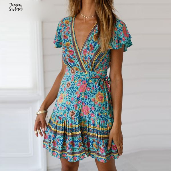 

boho floral print summer dress women high waist lace up a line dress fashion 2019 v neck short sleeve beach mini dress, Black;gray