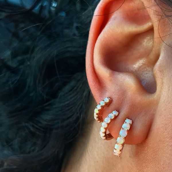 

fine 925 sterling silver vermeil minimal mini small huggie hoops paved white fire opal stone tiny hoop earring, Golden