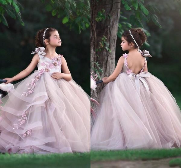 

adorable 2019 flower girls dresses jewel neck hand made flowers beaded sleeveless long birthday toddler girl pageant gowns open back, White;blue
