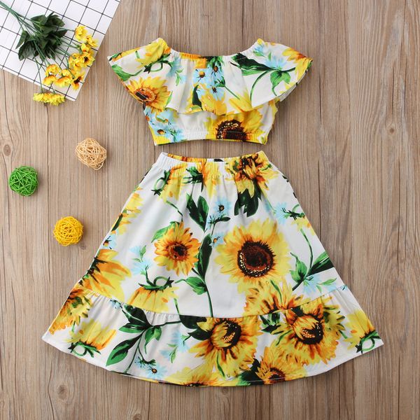 

summer floral off shoulder crop skirt cotton casual outfits girl clothing cute 2-7t toddler kids baby girls clothes set, White