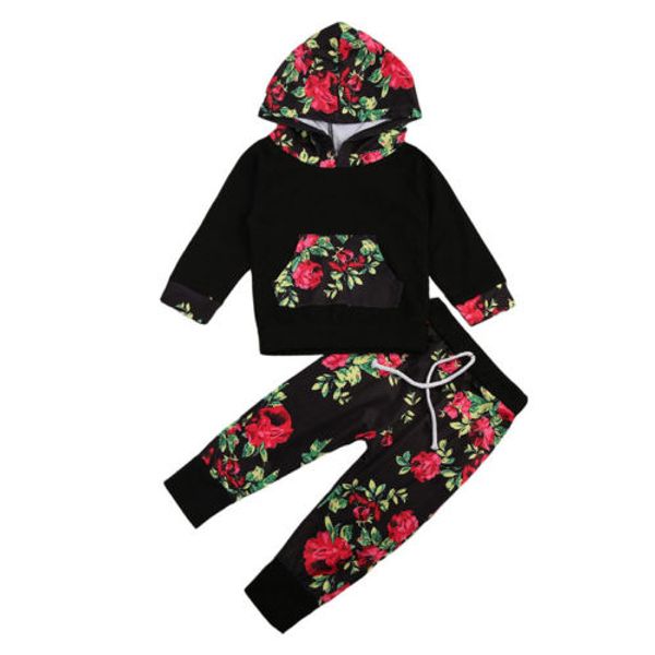 

baby clothing 2017 new baby boy girl outfits flower clothes t-shirt long sleeve hooded + floral pants set, White