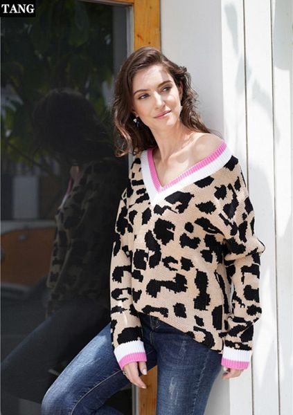 

loose contrast color v neck leopard print knitted sweater women autumn winter fashion off shoulder jumper ladies pullover femme, White;black