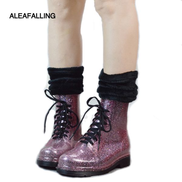 

aleafallig new mature lace up ankle rain boots waterproof shinny shoes woman rain woman water rubber boots colorful botas w110-1, Black