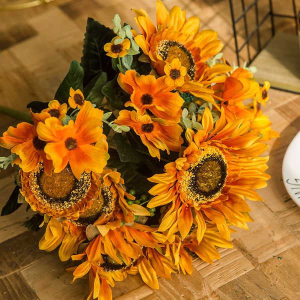 

45cm artificial sunflowers bouquet 8 large flower head 4 small head gold fake flowers thanksgiving fall decoration for home