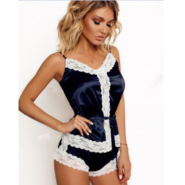 

brand selling new 2pcs women satin lace sleepwear babydoll lingerie nightdress pajamas set spaghetti strap v-neck solid, Blue;gray