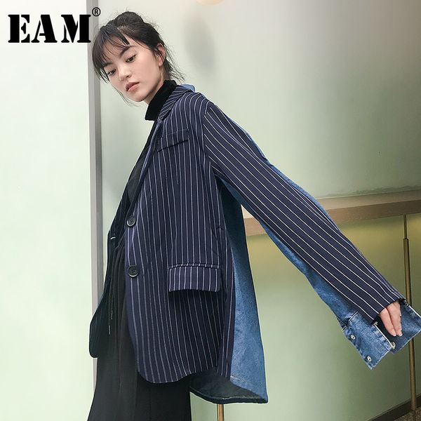

eam] 2019 new spring striped denim patchwork turn-down collar single breasted loose coat women fashion tide lc008, Black;brown