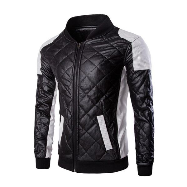 

men faux leather plaid zipper slim fit jacket spliced long sleeve windbreaker, Tan;black