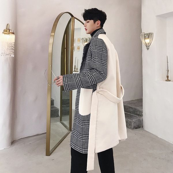

2019 new autumn winter designer's personality lattice spliced stitching wool overcoat trend men's medium long lattice overcoat, Black