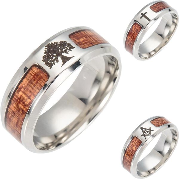 

древо жизни масонские крест деревянные кольца для мужчин женщин из нержавеющей стали никогда не выцветают деревянный палец кольцо ювелирные, Silver