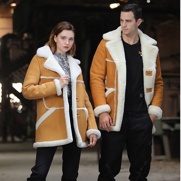 

sani 2019 new thicken soft shearling fur yellow couple matching clothing real sheepskin fur shearling men winter warm jackets, Black