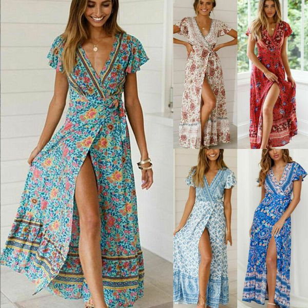 

women dress summer boho v-neck floral split dress party beach sundress print deep v neck short sleeve string bandage bow 2020, Black;gray