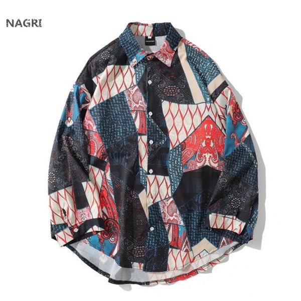 

japanese streetwear ukiyo e geometry patchwork long sleeve shirts 2019 hiphop casual 3d printed hawaiian autumn spring shirt men, White;black