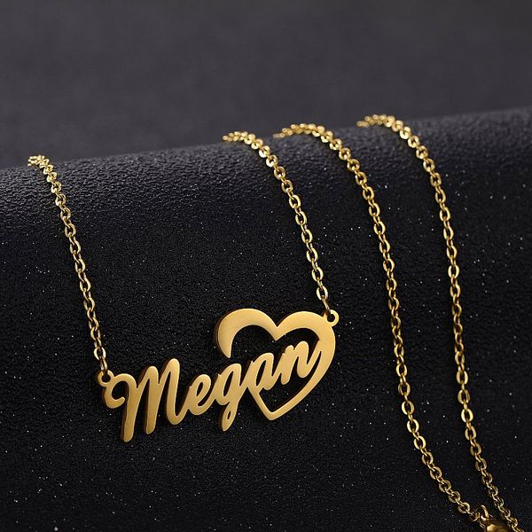 

gold chain choker stainless steel personalized custom name nameplate necklaces heart charm stainless steel, Silver