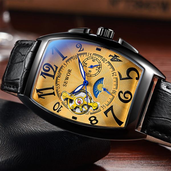Sewor Neue Schwarz Gold Tonneau Tourbillon Automatische Mechanische Uhr Männer Echtes Lederband Männer Uhr Männliche Männer Armbanduhren