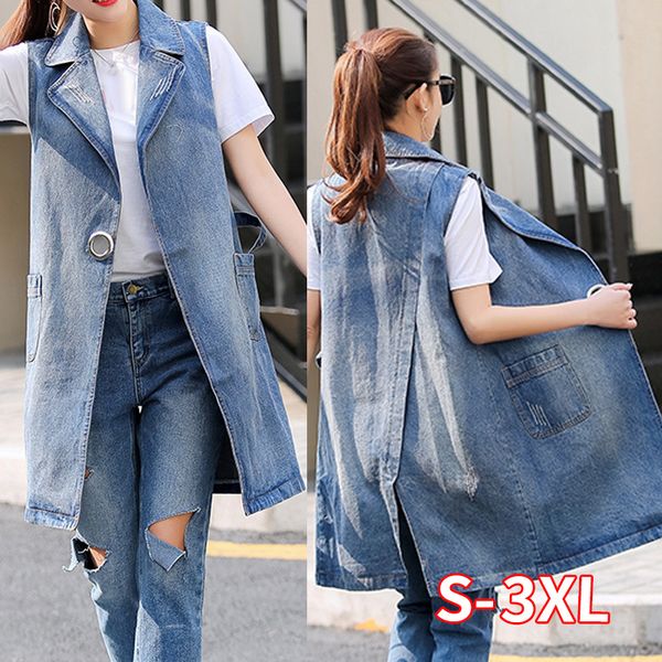

plus size s-3xl summer jacket sleeveless cardigan ladies jeans waistcoats long denim vest women slim jacket chalecos mujer, Black;white