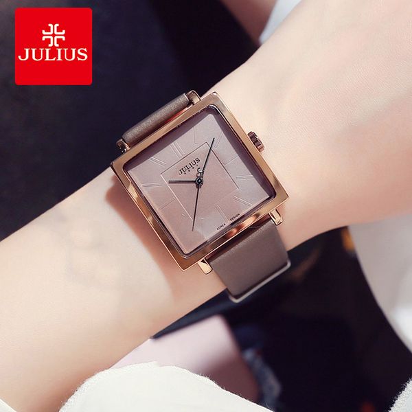 

julius brand simple square big dial leather watch woman vintage waterproof quartz dress wristwatches lady montre femme gifts, Slivery;brown