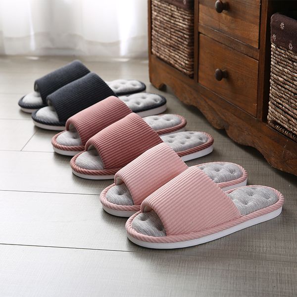 

japanese striped home linen slippers men and women summer indoor wood floors non-slip cotton linen home slippers couple, Black