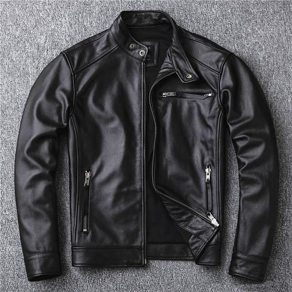 

yrsuper sales.classic biker genuine leather jacket.cool slim cowhide coat.men fashion leather jacket.plus size, Black