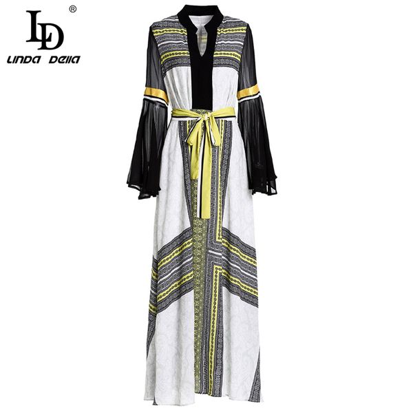 

casual dresses ld linda della spring vintage belted maxi women's flare sleeve retro ethnic floral print elegant loose long dress, Black;gray