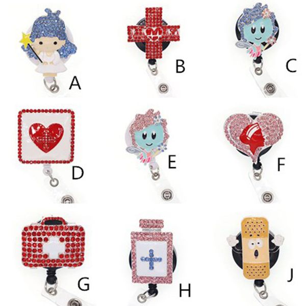 10 PCs/lote shinestone key anéis médicos enfermeiro anjo ratinho rolo de enfermagem design de identificação retrátil clipe