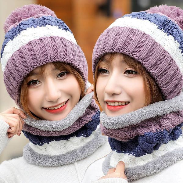 

dingdnshow] 2019 brand winter cap sets cotton warm beanies hat women skullies cap lady bonnet hat striped knitted, Blue;gray