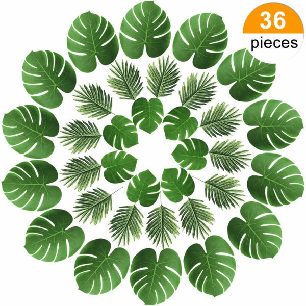 

36pcs artificial fabric simulation leaves monstera palm leaves tropical hawaiian luau jungle party beach theme table decoration