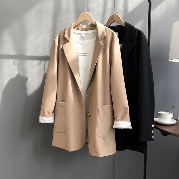 

2019 women spring coat turn down collar blazer feminino women long coat casaco feminino for elegant outerwear, Tan;black